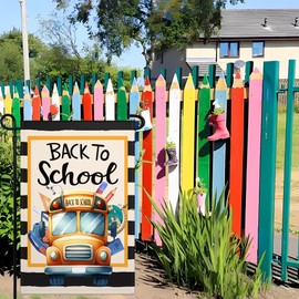 Back to School Garden Flags for Outside 12x18 Double Sided School Bus Black Stripes School First Day Small Garden Flags for Lawn Yard Indoor Outdoor Party Garden Decor