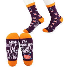 CMNIM 2 Pairs Crochet Socks Crocheter Gifts I'm Thinking About Crochet Novelty Socks Gifts for Crochet Lover Knitting Gifts (Cotton, I'm Thinking About Crochet)