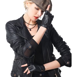 NappaNovum Women's Half Finger Leather With Silk Lining Performance Cycling Driving Gloves (L, Black)