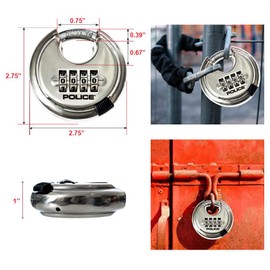 POLICE Combination Lock with Hardened Steel Shackle Heavy Duty Keyless 4 Digit Combo Disc Lock Stainless Steel Padlock