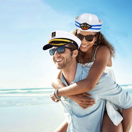 AKOFIC 2 Pieces Captain Sailor Costume Hats, Adjustable Adult Sailors Hat Captain Cap Costume Accessories, White Navy Marine Admiral Hat for Cosplay Sea Yacht Boat Ship Parties