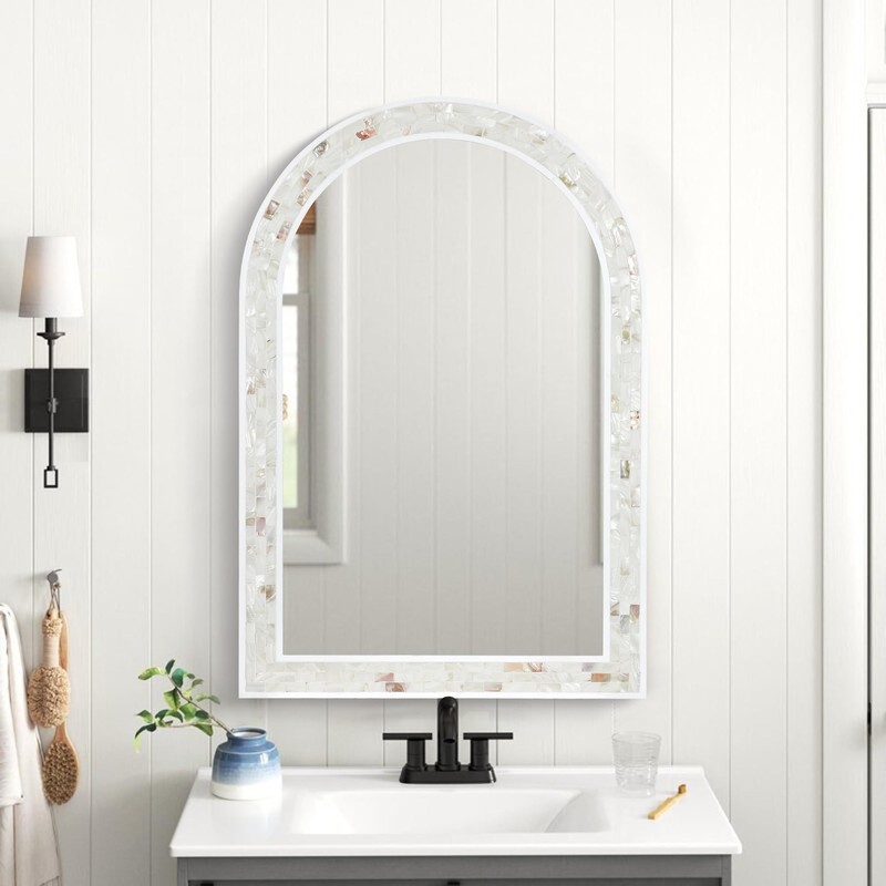 Tanmicoshomy Arched Bathroom Mirror 20x30 Inches, Natural Shell and White