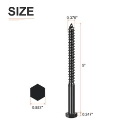 DTGN 3/8" x 5" Hex Lag Bolts - 5 Pack - for Woodworking, Furniture - 304 Stainless Steel Partial Thread Hexagon Head Lag Screws for Wood - Black