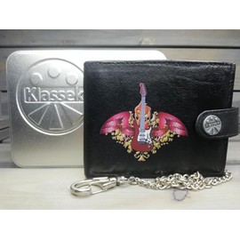 Electric Guitar Wings Red Winged Rock Music KLASSEK Mens Wallet with Chain Real Leather RFID Blocking with Coin Pocket and Metal Gift Box