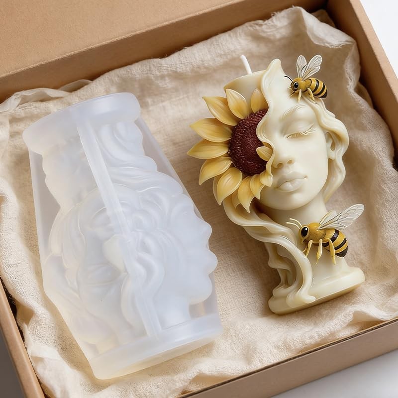 Sunflower Bee Maiden Candle Mold, Floral Silicone Mold for Resin