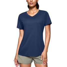 SANTINY Women's V Neck Short Sleeve Shirts Uv Protectioin Moisture Wicking Hiking Workout Athletic T Shirts for Women (Navy_XL)