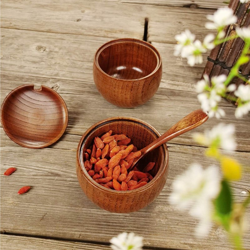 Olla de madera para especias, salero, caja de pimienta de