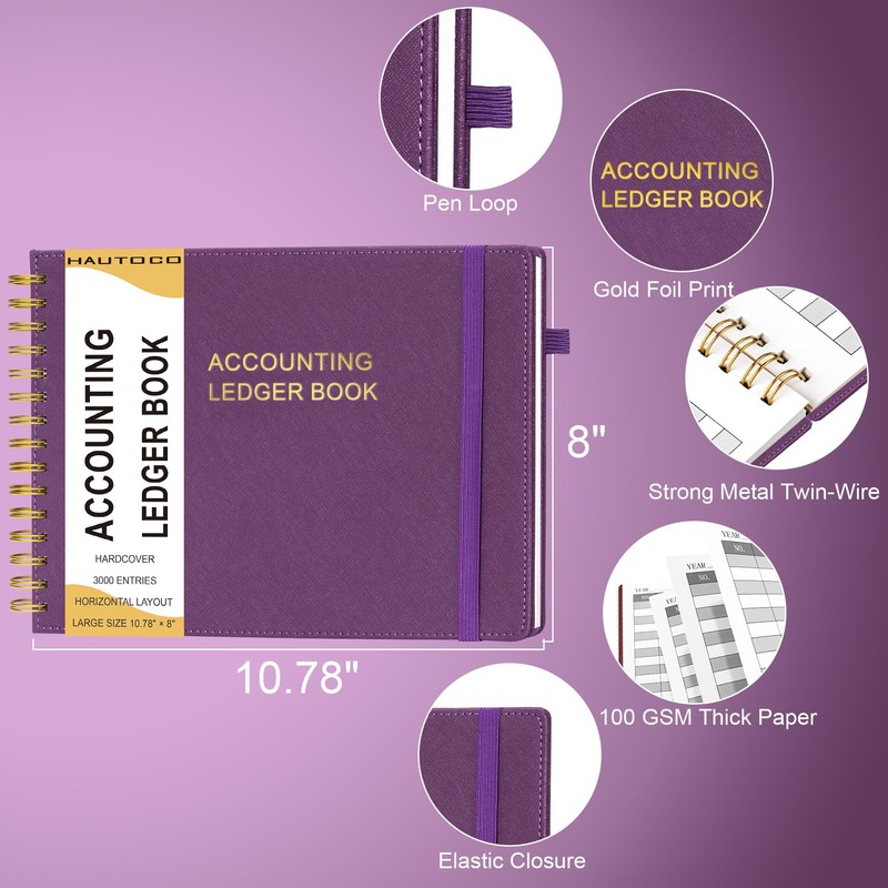 HAUTOCO Hardcover Accounting Ledger Book for Small Business Bookkeeping Horizontal