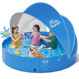 63in Kiddie Pool with Canopy - Large Foldable Toddler Pool with Detachable UPF 50+ Sunshade, Portable Non-Slip Kids Swimming Pool Collapsible Dog Pool for Outdoor Backyard Beach