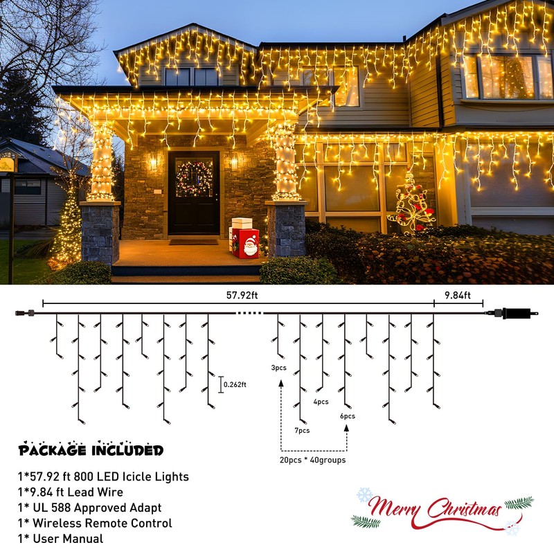 JMEXSUSS Christmas Icicle Lights for Outside-800 LED Warm White Icicle