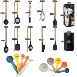 Bebiger Kitchen Cooking Utensils Set, 21 pcs Non-Stick Silicone Cooking Kitchen Utensils Spatula Set with Holder, Wooden Handle Silicone Kitchen Gadgets Utensil Set, Black