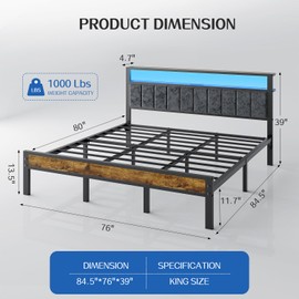 King Size Platform Bed Frame with LED Lights, Grey Upholstered Headboard with 2-Tier Storage Shelves with Charging Station, Noise Free, No Box Spring Needed, Easy Assemably