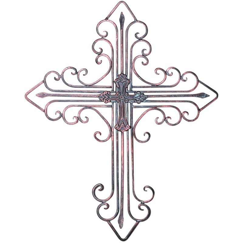 Yamfurvo Antique Wall Mount Layered Cross, Metal Scrolled Wall Art
