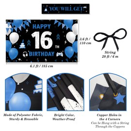 Vicycaty 16th Birthday Banner Blue, Happy 16th Birthday Decorations for Boys Girls, 16 Birthday Party Backdrop Fabric, 16 Year Old Birthday Photo Props Yard Sign Decor Supplies, 6.1ft x 3.6ft