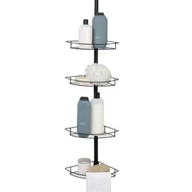Zenna Home Tension Pole Shower Caddy, 4 Basket Shelves with Built-In Towel Bars, Adjustable, 60 to 97 Inch, Matte Black