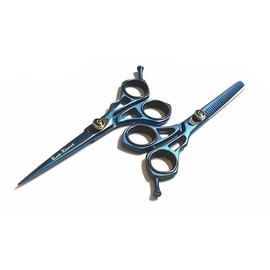 Blue and Black Japanese Steel Shears / Scissors - 6.5 Inches All Hair Type Beauty Parlor Barbershop Scissors + Barber Razor