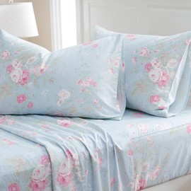 Zusbest Blue Floral Sheets Set Full Size 100% Cotton Pink Flowers Bed Sheet Shabby Vintage Chic Bedding Romantic Pastoral Style Original Design Soft Luxury Deep Pocket Fitted Sheet 17.5'', 4 Pcs