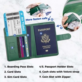 Cnycmy Passport Holder with RFID Blocking, Cash Pocket & Back Zipper Coin Pocket - Travel Document Holder, Magnetic Button, Multiple Card Slots - Soft PU Leather for Men and Women(MOSS GREEN)