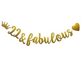 22 & Fabulous Banner, Pre-Strung, Funny Gold Paper Glitter Party Decorations for 22nd Birthday Party Supplies, Letters Gold,ABCpartyland