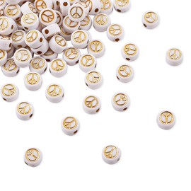 200Pcs Peace Sign Acrylic Beads Opaque Flat Round Beads Golden Symbol Acrylic Spacer Beads for DIY Necklace Bracelet Earring Jewelry Crafts Making Hole 1.6mm
