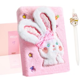 Bwvjozyr Cute pink Plush Rabbit Diary for Girls Journal for Ages 6-10 Kids Toy with a Rabbit Pen Present Secret Keeper Cute Writing Drawing Set Creative Learning Travel notebook Birthday Gift