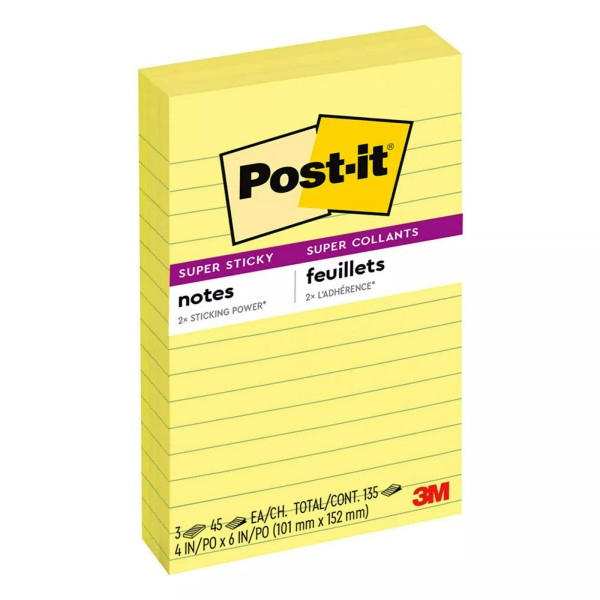 Post-it Super Sticky Lined Notes, 4" x 6", Canary Yellow,