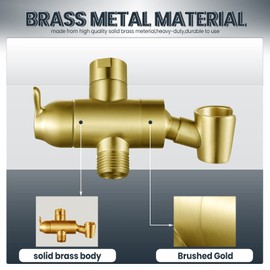 Shower Arm Diverter with Handshower Mount, G1/2 Brass 3 Way Shower Diverter Valve Bathroom Universal Shower System Replacement for Handheld Shower and Fixed Shower Head, Brushed Gold