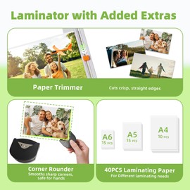 NOVODESK Laminator Machine with 40 Laminating Sheets, Thermal Laminator with Paper Trimmer & Corner Rounder, Laminating Kit for Home Office School and Class, White