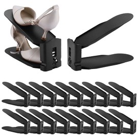 HOMOKUS 20 Pack Shoe Slots Organizer,3-Level Flexible Adjustable Shoe Stackers,Slip-on Shoe Rack,Double Layer Shoe Tray Organizer Holder with 3 Different Height,Space-Saving Shoe Holders (Black)