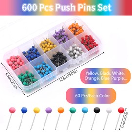 600 Piece Round Head Pins Set, 10 Colours, Colourful Map Pins, Map Nail Push Pins, Round Head Pins, with Storage Box, Map Push Pins, for Map Pin Needles, Cork Board, DIY
