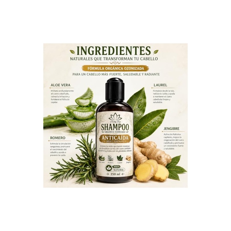 Shampoo anticaída orgánico con romero, aloe vera y vitamina E