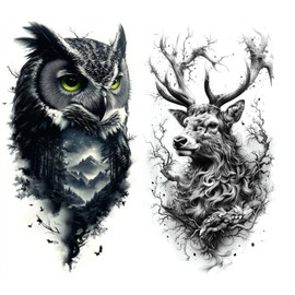 2 Sheets Temporary Owl Tattoo Deer Tattoo Bird Tattoo Animal Fake Tattoo NAG033 127