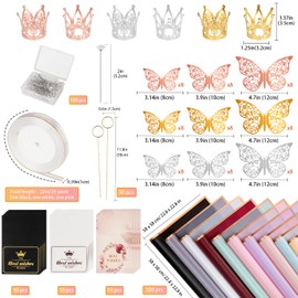 Fesorsi 100 Sheet Flower Wrapping Paper,10 Color Floral Paper,Waterproof Floral Bouquet Wrapping Paper with 341 Pcs Florist Supplies of Butterflies, Ribbons, Pins for DIY Crafts Wedding Birthday Gift