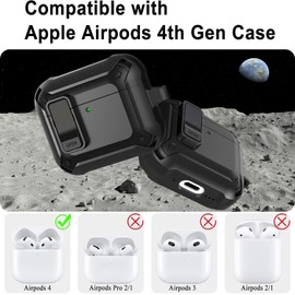 Wonjury Secure Lock Case Cover Compatible with Airpod 4 Case 2024 with Cleaner Pen Keychain for Airpods 4th Generation Case Rugged Armor Shockproof Protective Hard Cover Shell - Black