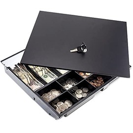 Cash Drawer Tray with Locking Cover - 14.1 x 13 x 2.5 Inch Metal Cash Lock Box with Lid - 5 Bill / 8 Coin Cash Tray Money Organizer - Fits Volcora 16” Cash Registers with Fully Removable Tray