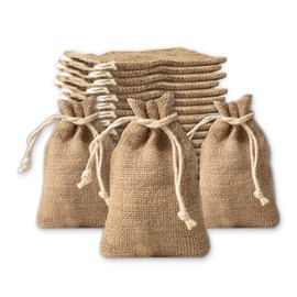 IPEA Small Natural Jute Bags with White Cord - Size 15 x 10 cm - Pack of 20 - Real Jute Bags for Wedding Favours Wedding Party Christening Event Gifts
