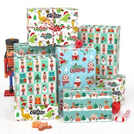 MotiGiftie Christmas Wrapping Paper for Kids Boys Girls, 12 Sheets Xmas Gift Wrapping Paper Dinosaurs, Sloth, Polar Bear, Penguin, Nutcracker, Red Truck Designs Gift Wrap 20 x 28 Inches