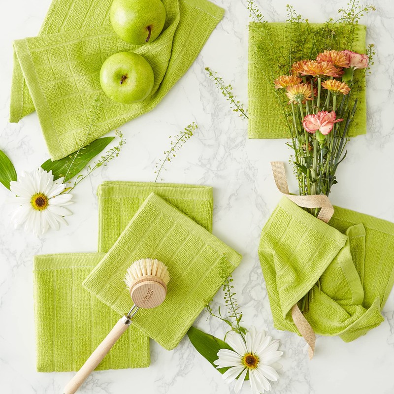 DII Basic Terry Collection Solid Windowpane Dishcloth Set, 12x12, Avocado,