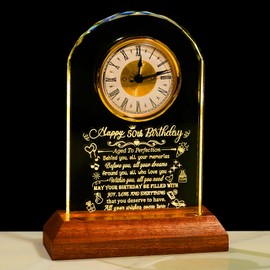 Arikyrist Happy 50th Birthday Crystal Clock Gifts for Men Women, 50 Years Old Birthday Presents for Parents Mom Dad, 50th Quartz Clock Birthday Gifts with Wooden LED Light Base for Couples