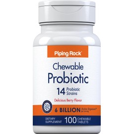 Piping Rock Probiotic for Women and Men | 100 Tablets | 14 Strains with 6 Billion CFU | Complex Blend Supplement | Berry Flavor | Vegetarian, Non-GMO, Gluten Free