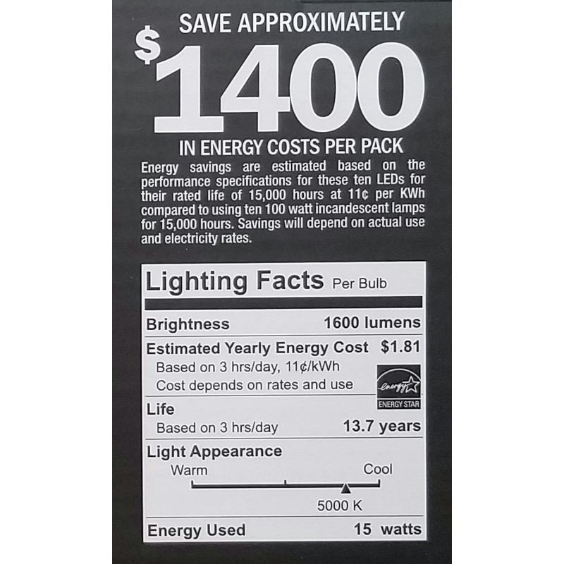 FEIT 100w LED Replacement Bulbs using 15W Daylight 5000K 1600