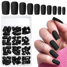 LuckForever 240pc Matte Square Press on Nails Medium Glue on Nails Black Fake Nails Medium Square Acrylic Nails Press on Nails Full Cover Artificial False Fingernails with Nail Glue Adhesive Tabs
