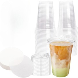 Zykphao 50 Pack - 14 oz Reusable Clear Cups with Lids, Leak Proof Paper, Ideal for Cold Beverages, Smoothies, Coffee Drinks, Parties, Camping, picnics, Garden, Home ﻿