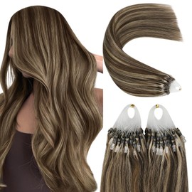 YoungSee Micro Ring Hair Extensions Brown 14inch Micro Loop Hair Extensions Dark Brown with Blonde Highlight Pre Bonded Cold Fusion Natural Looking Short Straight Hair 14inch 50s 50g