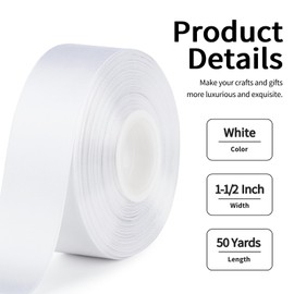 Mauproy 1-1/2 Inch Wide White Satin Ribbon, 50 Yards Solid Polyester Fabric Ribbon for Roses Making, Gift Wrapping, Easter, Flower Bouquets, Wedding Decorations, Handmade Crafts