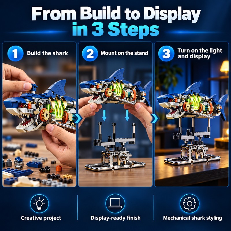 Mechanical Shark Building Set for Creative Play – 687-Piece Light-Up