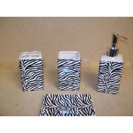 AF Zebra Stripe Print Bathroom Accessories Set, Lotion Dispenser, soap Dish, Cup, Toothbrush Holder