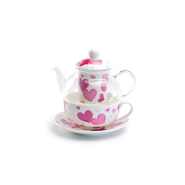 Gracie China Shop Grace Teaware Pink Hearts Glass and Fine Porcelain Tea For One Set, Regular