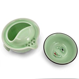 Happy Sales HSTS-KFCGR02, Longquan Celadon Green Porcelain Chinese Kungfu Tea Single Serving 6 fl oz Teapot and Teacup Hand Painted Koi Fish Carp Tea For One Set