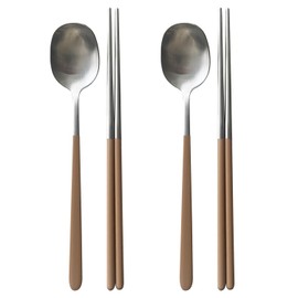 304 Stainless Steel durable Lightweight Korean-style Beautiful Cutlery Spoon and Chopsticks Set Scratch Resistant 2Pieces (Brown+Brown)